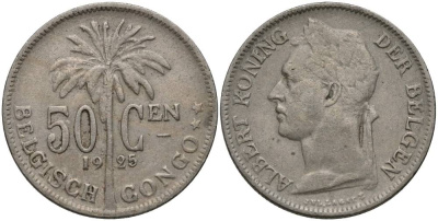Бельгийское Конго 50 сантимов 1925 пальма KM 22 медно-никель 27-1135