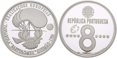 Португалия 8 евро 2007 INCM, Ранние летательные аппараты - Passarola Бартоломеу де Гусмана KM 822a серебро  PROOF 02-087-24
