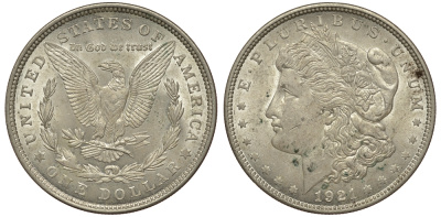 США 1 доллар 1921 S, Морган доллар KM 110 серебро aUNC 413-341