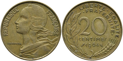 ФРАНЦИЯ 20 САНТИМОВ 1964 ТИП MARIANNE KM 930, LE FRANC 156.4 алюминиевая бронза 98-324