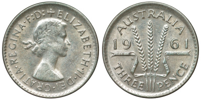 Австралия 3 пенса 1961 m, Елизавета II (1952-2022) KM 57 серебро 71-734