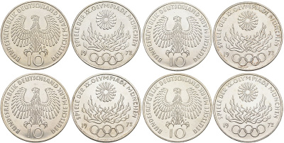 ФРГ набор из 4 монет по 10 марок 1972 XX Олимпийские игры 1972 года в Мюнхене, Олимпийский огонь (F, J, D, G), коробка KM 135, J. 405 серебро UNC 3-4-7-28