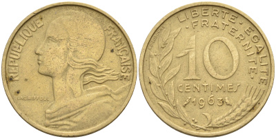 Франция 10 сантимов 1963 тип Марианна KM 929 медь алюминий никель    4594-1152