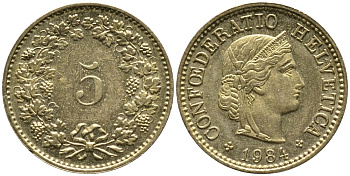 ШВЕЙЦАРИЯ 5 РАППЕНОВ 1984 KM 26с алюминий латунь 4528-654