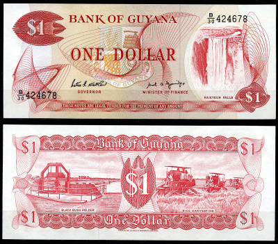 Гайана 1 доллар ND (1966-1992) водопад Кайетур, польдер с черным кустарником, уборка риса Pick 21 f  бумага  UNC (пресс) 447-70-5-3