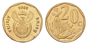ЮАР 20 центов 2003 герб, цветок протея KM 327 сталь плакированная бронзой UNC 4687-549