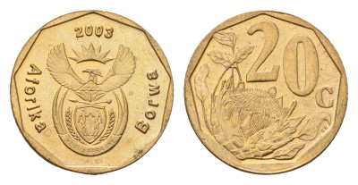 ЮАР 20 центов 2003 герб, цветок протея KM 327 сталь плакированная бронзой UNC 4687-549
