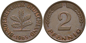 ФРГ 2 пфеннига 1965 G J.381  KM 106 бронза    4598-738