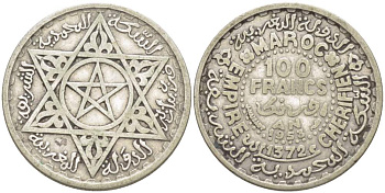 Марокко 100 франков 1953 АН1372, Мухаммед V (1927-1962), французский протекторат KM 52 серебро 4523-1236