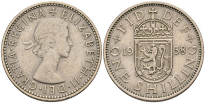 Великобритания 1 шиллинг 1958 Елизавета II (1952-2022), Шотландский герб KM 905, Spink 4148 медно-никель 4589-425