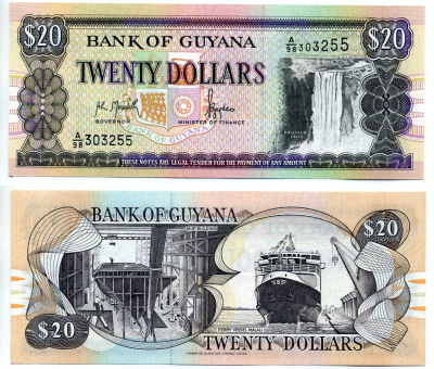 Гайана 20 долларов ND (1996-2018) водопад Кайетур, судостроение, паромное судно "Малали" Pick 30 a  бумага UNC (пресс) 6293-48-1-2