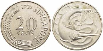 СИНГАПУР 20 ЦЕНТОВ 1981 ГОЛУБОЙ МАРЛИН, ТУНЕЦ KM 4 медно-никель UNC 3856-1033
