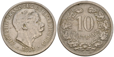 Люксембург 10 сантимов 1901 Адольф (1890-1905) KM 25 медно-никель 4602-455