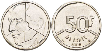 БЕЛЬГИЯ 50 ФРАНКОВ 1989 BELGIE, БОДУЭН I (1951-1993) KM 169 никель 4383-931