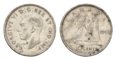 Канада 10 центов 1947 Георг VI (1936-1952), парусник KM 34 серебро 99-622