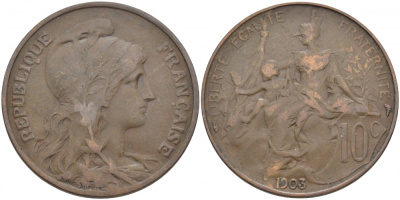 ФРАНЦИЯ 10 САНТИМОВ 1903 ТИП ДАНИЭЛЬ ДЮПЮИ KM 843, LA FRANC 136.13 бронза 114-732