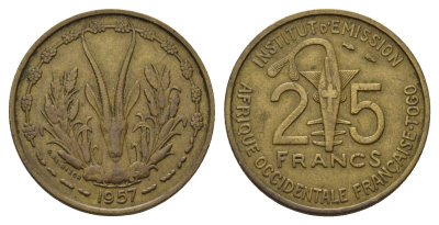 Французская Западная Африка 25 франков 1957 KM 9 медь алюминий 57-353