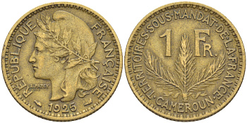 Французский Камерун 1 франк 1925 (а), монетный двор Париж KM 2 алюминиевая бронза 34-1026