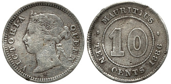 Маврикий 10 центов 1886 королева Виктория KM 10.1 серебро 4391-215