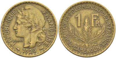 Французский Камерун 1 франк 1925 (а), монетный двор Париж KM 2 алюминиевая бронза 34-1026