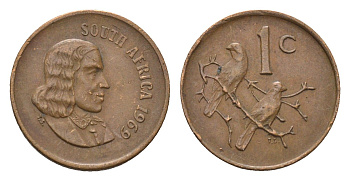 ЮАР 1 цент 1969 Ян ван Рибек (1619-1677), South Africa, легенда на африкаанс, капские воробьи KM 65.1 бронза 4690-1157