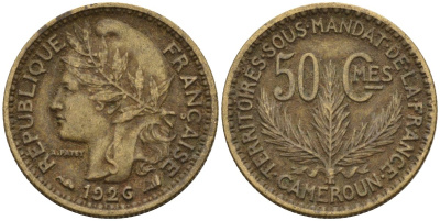 Камерун 50 сантимов 1926 (a), мондвор Париж KM 1 алюминиевая бронза 4169-1127