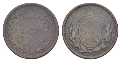 Аргентина, Буэнос-Айрес 1/10 реала 1823 KM 1 медь 1519-115