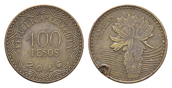 Колумбия 100 песо 2016 KM 296 сталь плакированная латунью 4664-468