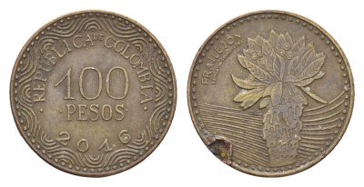 Колумбия 100 песо 2016 KM 296 сталь плакированная латунью 4664-468