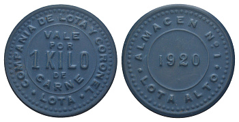 Чили, компании Лота и Коронель (Compania de Lota y Coronel) - Склад № 2 жетон в 1 килограмма мяса 1920 диаметр 34,5 мм, вес 5,02 гр не описан в Espinosa эбонит (синий) 01-237-33