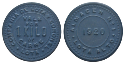 Чили, компании Лота и Коронель (Compania de Lota y Coronel) - Склад № 2 жетон в 1 килограмма мяса 1920 диаметр 34,5 мм, вес 5,02 гр не описан в Espinosa эбонит (синий) 01-237-33