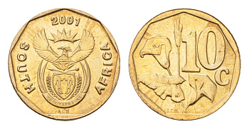 ЮАР 10 центов 2001 герб, цветок алоэ KM 224 сталь плакированная бронзой UNC 4694-766