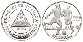 Никарагуа 10000 кордоб 1990 Чемпионат Мира по футболу 1990 KM 66 серебро PROOF 1083-1-11