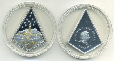 Острова Кука 5 долларов 2009 Рождество, Christmas, стразы, позолота серебро PROOF 3-2-44