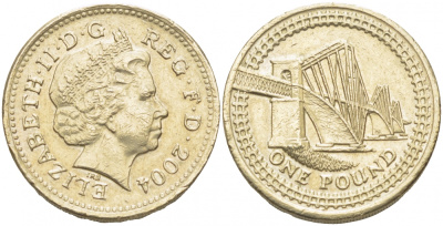 Великобритания 1 фунт 2004 Елизавета II (1952-2022), Мост Форт-Бридж в Шотландии KM 1048, Spink 4595 никель латунь 175-1111