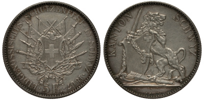 Швейцария 5 франков 1867 стрелковый фестиваль - Швиц KM S9 серебро aUNC 00-814-65