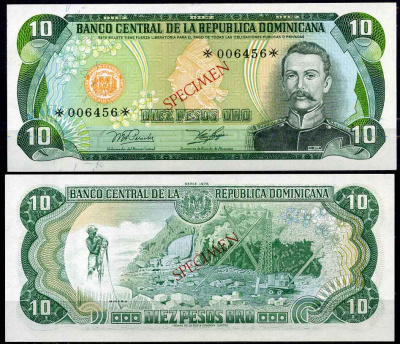 Доминиканская Республика 10 песо 1978 Матиас Рамон Мелла, образец, SPECIMEN Pick 119 s1 бумага UNC (пресс) 451-811-1