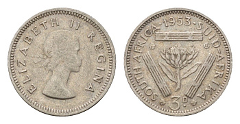 ЮАР 3 пенса 1953 Елизавета II (1952-2022) KM 47 серебро 4547-348