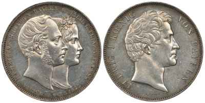 Бавария 2 талера 1842 Людвиг I, свадебный, свадьба Баварского Кронпринца Максимилиана и Марии Прусской AKS 104 b, Dav. 588, Kahnt 108 b, Thun 81 серебро 00-000-00