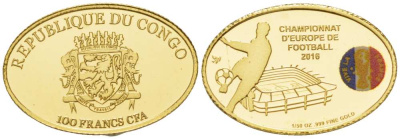 Конго 100 франков 2016 чемпионат Европы по футболу во Франции, овал, эмаль KM NEW золото PROOF 00-806-42