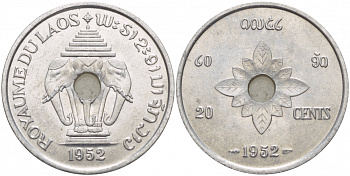Лаос 20 центов 1952 король Сисаванг Вонг (1904-1959), слоны KM 5 алюминий 4545-514
