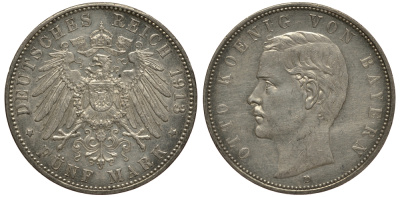 Бавария 5 марок 1913 Отто (1886-1913) Weege 47, J. 46, KM 512 серебро 3711-1545