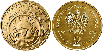 Польша 2 злотых 2004 MW, история злотого, монета на монете KM 479 нордик UNC 4448-421