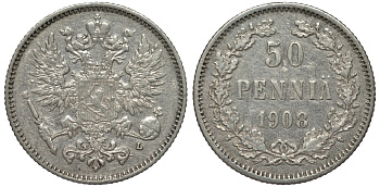 Россия для Финляндии 50 пенни 1908 L, Николай II (1894-1917) КМ 2.2, Биткин 403 серебро 75-837