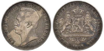 Гессен-Дармштадт 1 талер 1861 Людвиг III (1848-1877) KM 338, AKS 120, Dav. 707, Kahnt 266, Thun 200. серебро 00-000-00