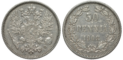 Россия для Финляндии 50 пенни 1908 L, Николай II (1894-1917) КМ 2.2, Биткин 403 серебро 75-837