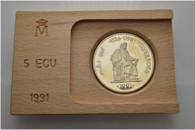 Испания 5 экю 1991 Аверроэс (Ибн Рушд) западно-арабский философ (1126-1198), в оригинальной деревянной коробке, с сертификатом  серебро  PROOF  4-3-1-12