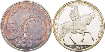 Испания 5 экю 1989 Карл V, Император Священной Римской Империи, в оригинальной деревянной коробке, с сертификатом  серебро  PROOF  00-00