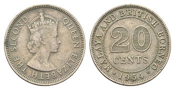 Британская Малайя 20 центов 1954 Елизавета II (1952-2022) KM 3 медно-никель 4662-435