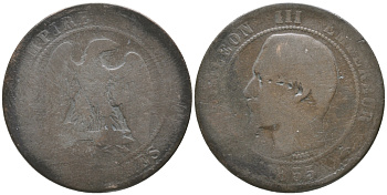 Франция 10 сантимов 1855 A, Наполеон III (1852-1870) KM 771.1, Le Franc 133,19 бронза 56-1253